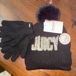 Juicy Couture Black Hat and Gloves with Sequin Detail